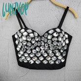 Lunivop High Street Style Sexy Strap V Neck Lace Beading Black White Red Women Crop Top Celebrity